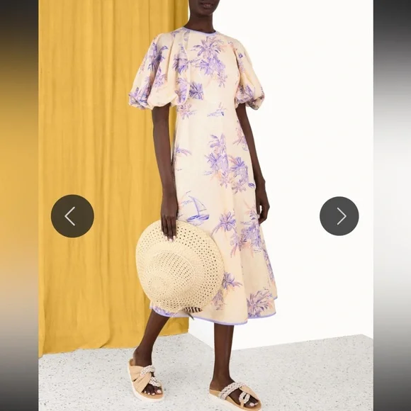 Floral Puff Sleeve Midi Dress - Cream and Purple - Picture 3 of 5